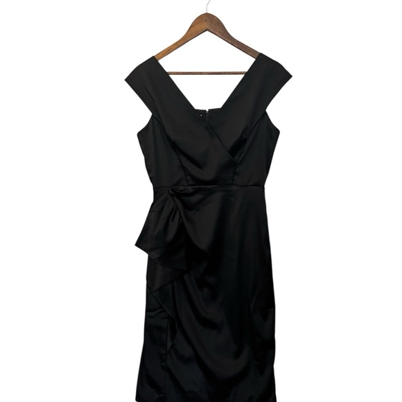 Maggie London Black Sheath Dress 8 Satin Ruffle Detail Cocktail Party Classic - Picture 2 of 5